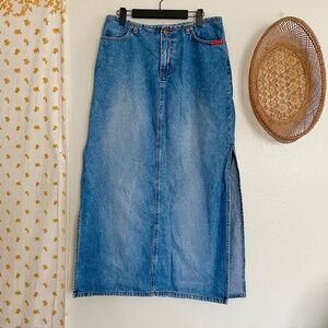 Vintage 90s Y2K Hot Kiss Denim Maxi Skirt Made in USA Side Slits Size 11